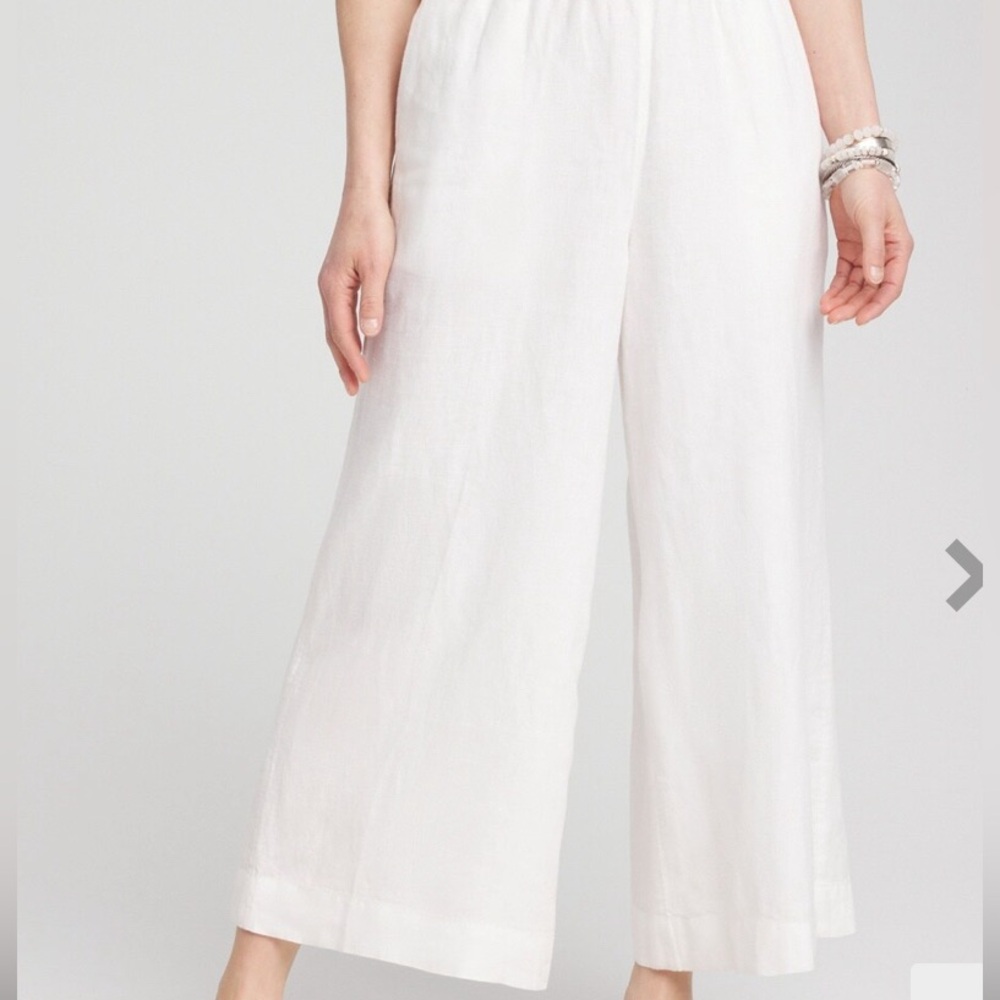 DKNY linen wide leg capri pants off white side pockets drawstring